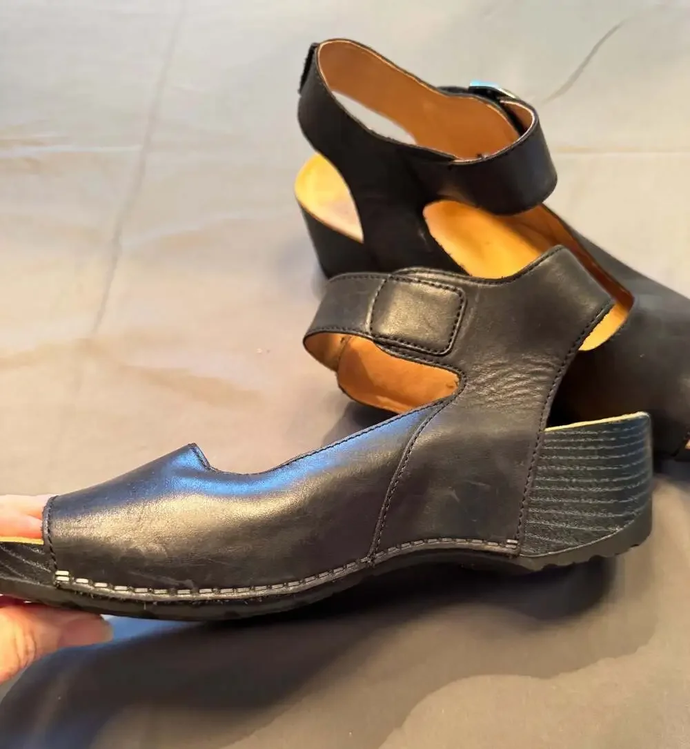 Dansko Tiana Black Burnished Leather Ankle Strap Peep Toe Wedge Sandal Size 40